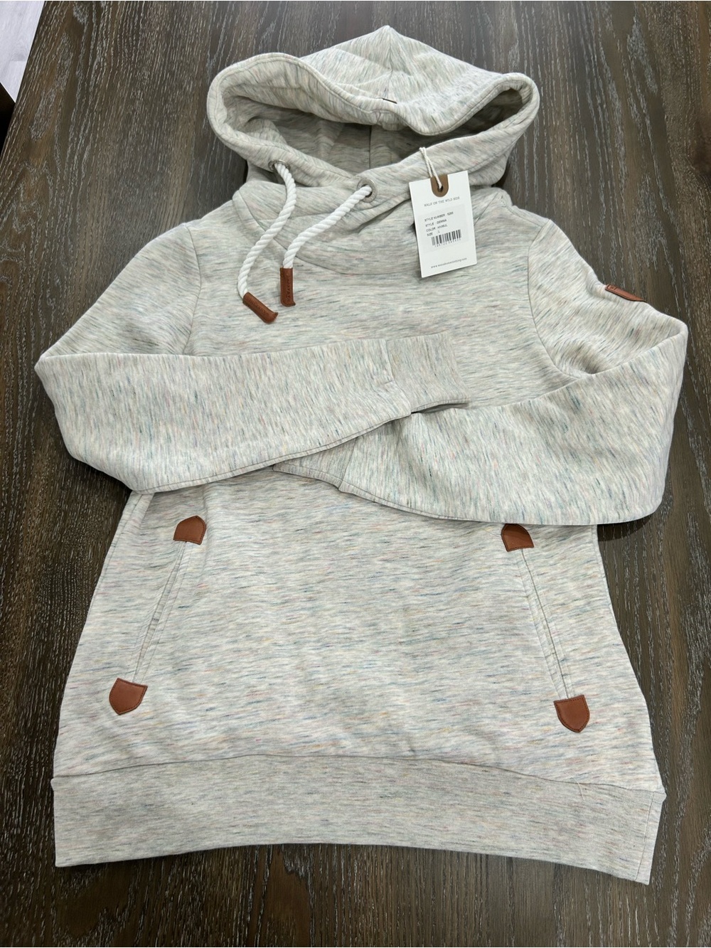 Wanakome Heathered Cream Hooded Pullover with Brown Trim